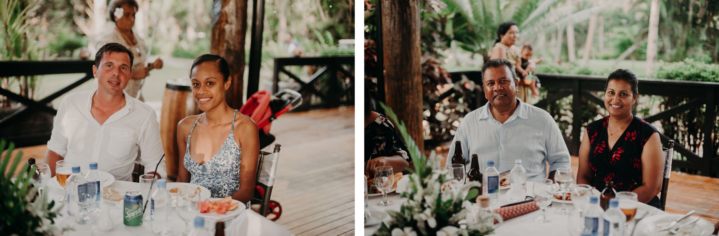 Guests enjoying drinks at outdoor tropical wedding reception under covered pavilion.
