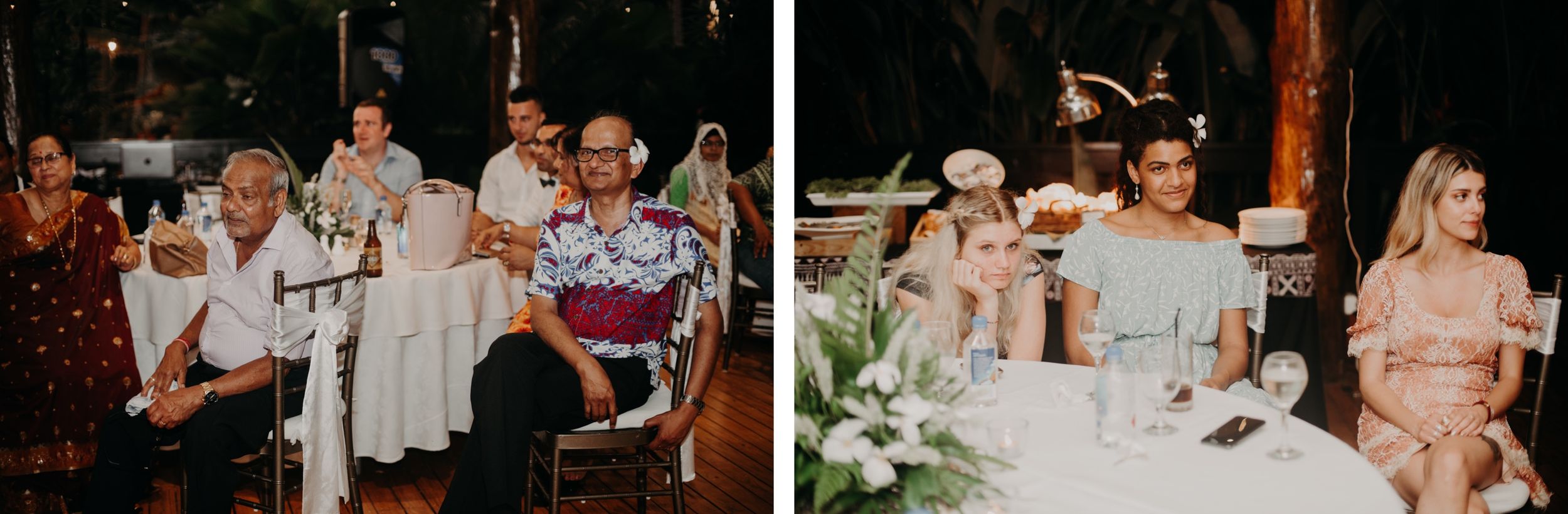 Wedding guests enjoying dinner and speeches at outdoor reception tables.