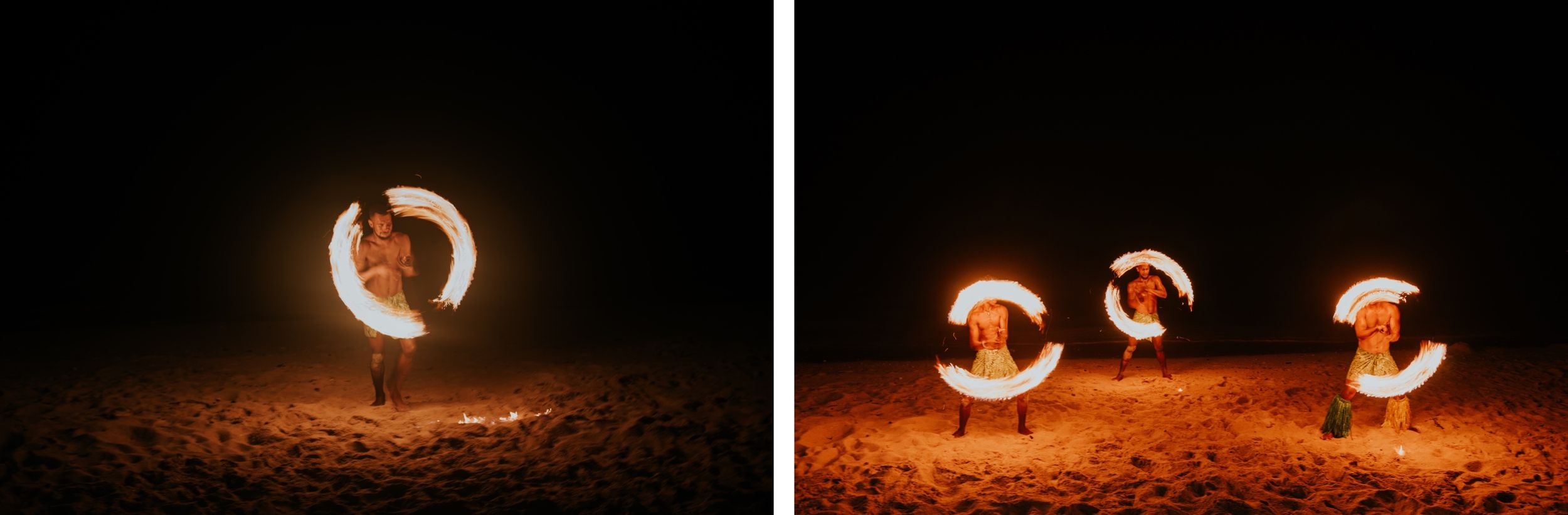 Fire dancers perform mesmerizing circular patterns against the dark night sky.