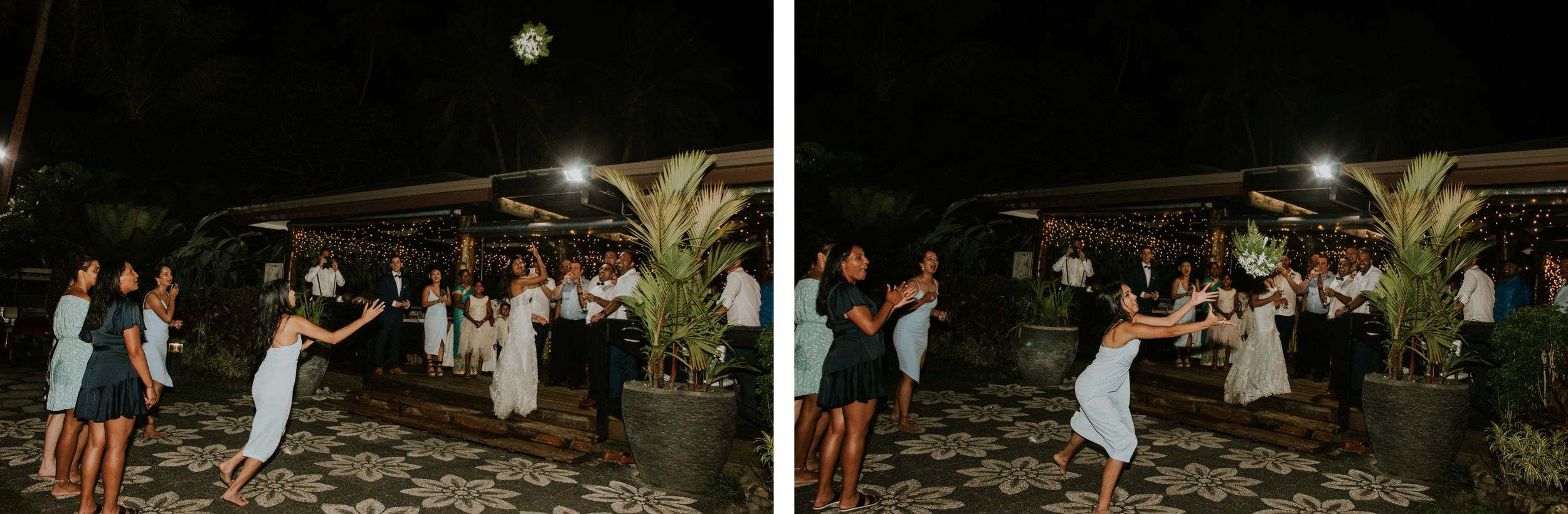 A nighttime wedding celebration with couples dancing under string lights.