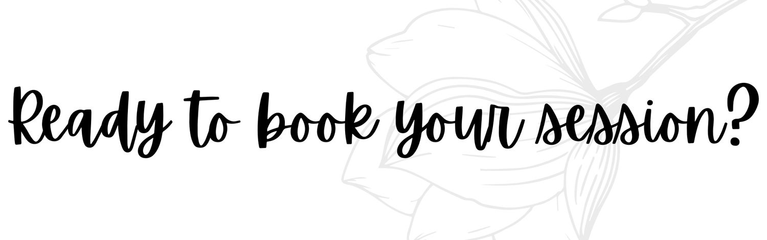 Simple black script text asking 'Ready to book your session?' with floral decorative elements.