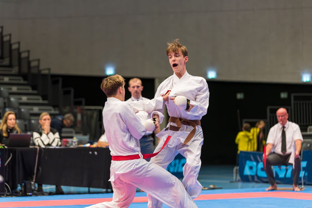 Two teenage male karate competitors face off during indoor championship tournament match.
