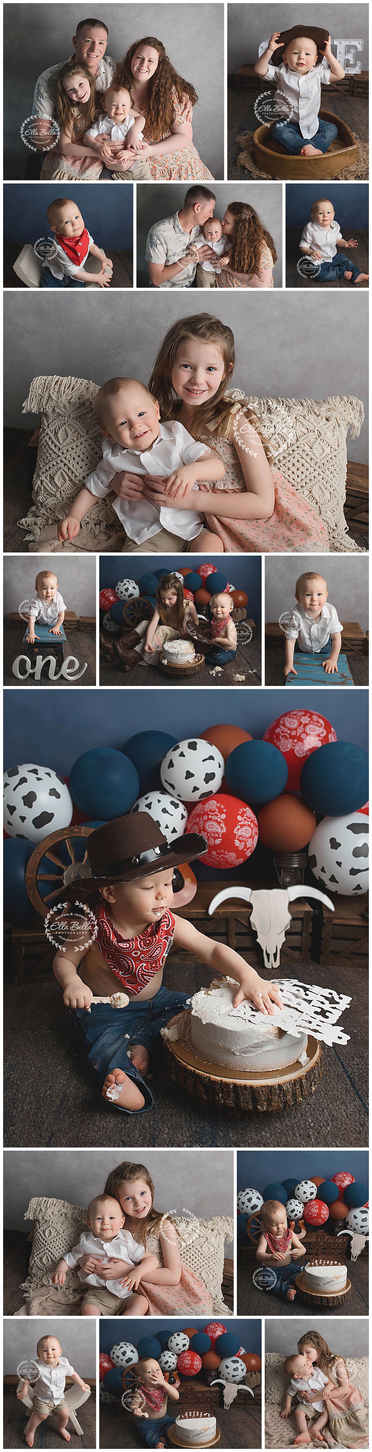 Western themed first birthday photo collection with family portraits and cake smash moments.