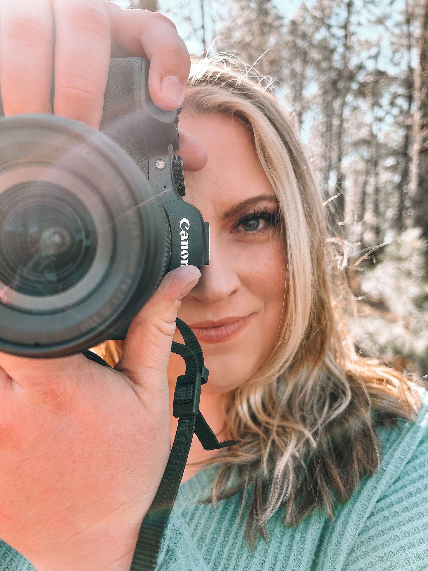 A series of photos showing a photographer using a Canon camera against a natural outdoor background.