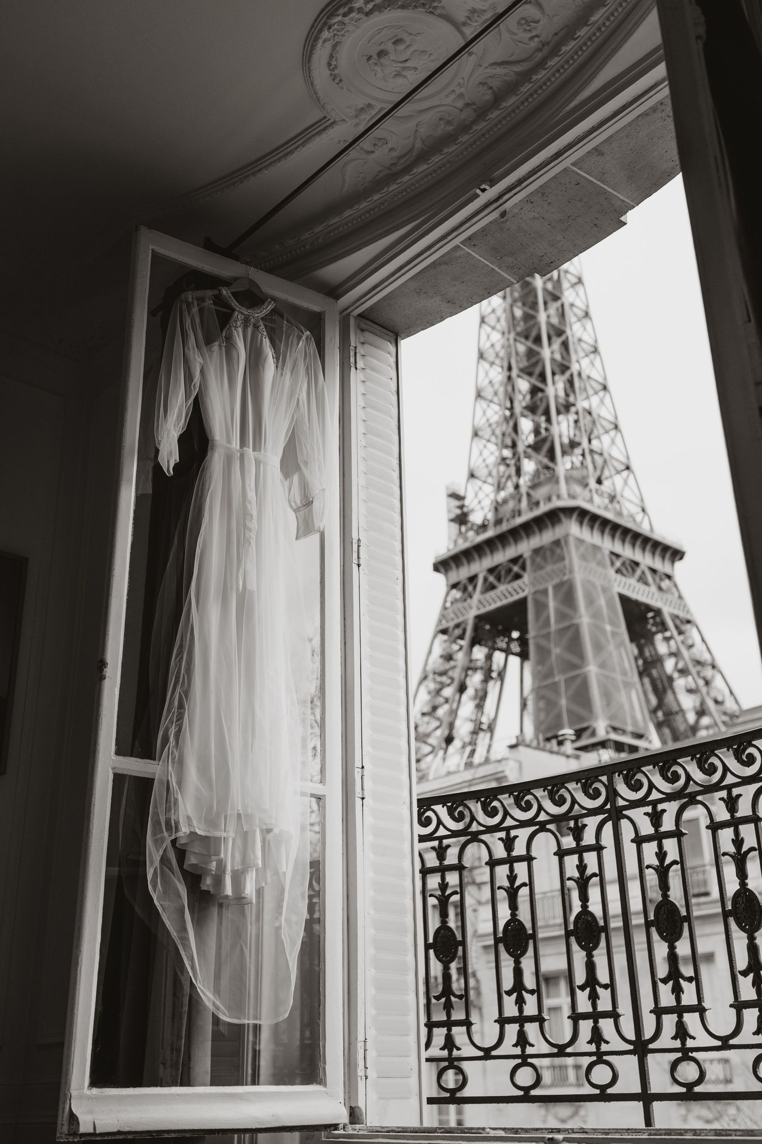 Beautiful white dress and white cape for paris wedding
