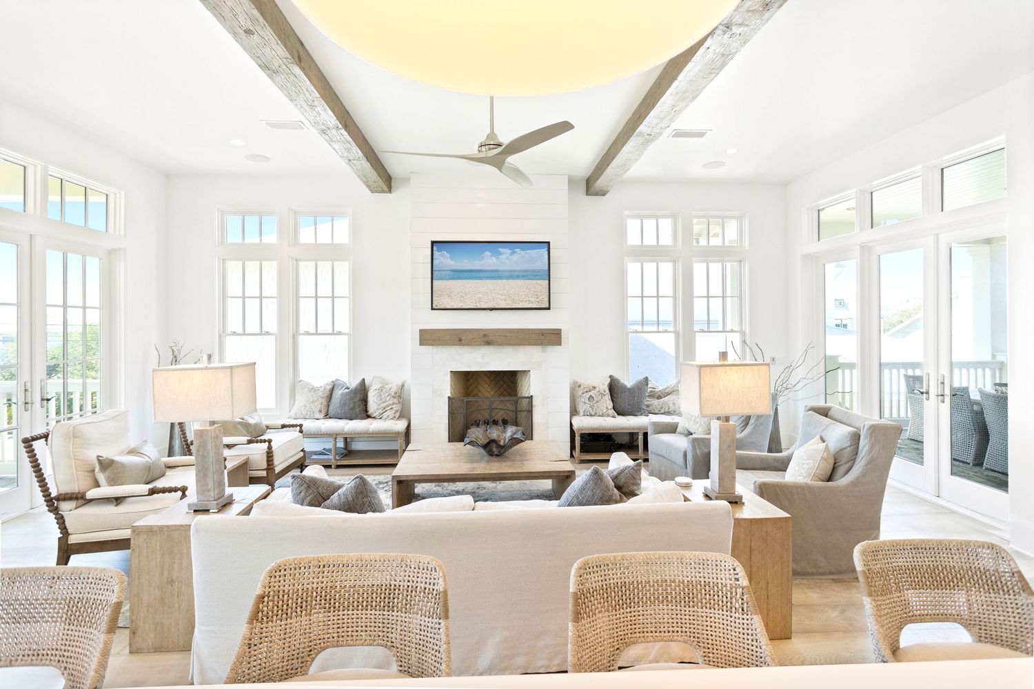 Light-filled living room with panoramic beach views of Grayton Beach in 30a FL