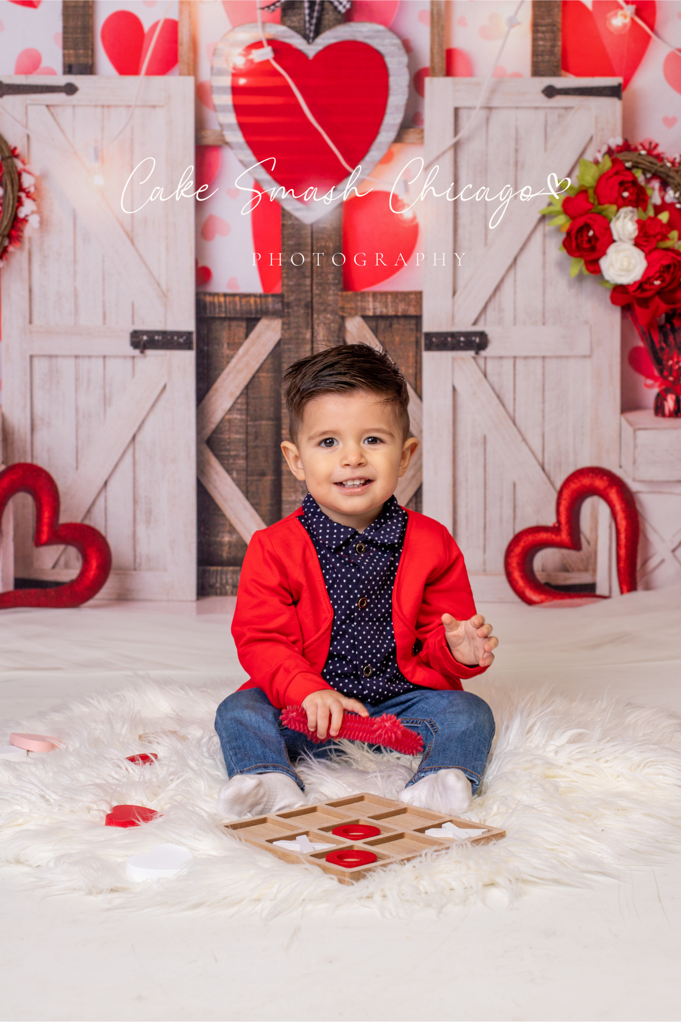 Valentine's themed photo with rustic background and red heart decorations.