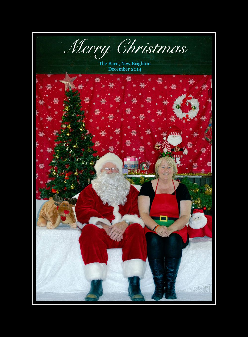 Christmas portrait with decorated tree and snowflake backdrop with text overlay.