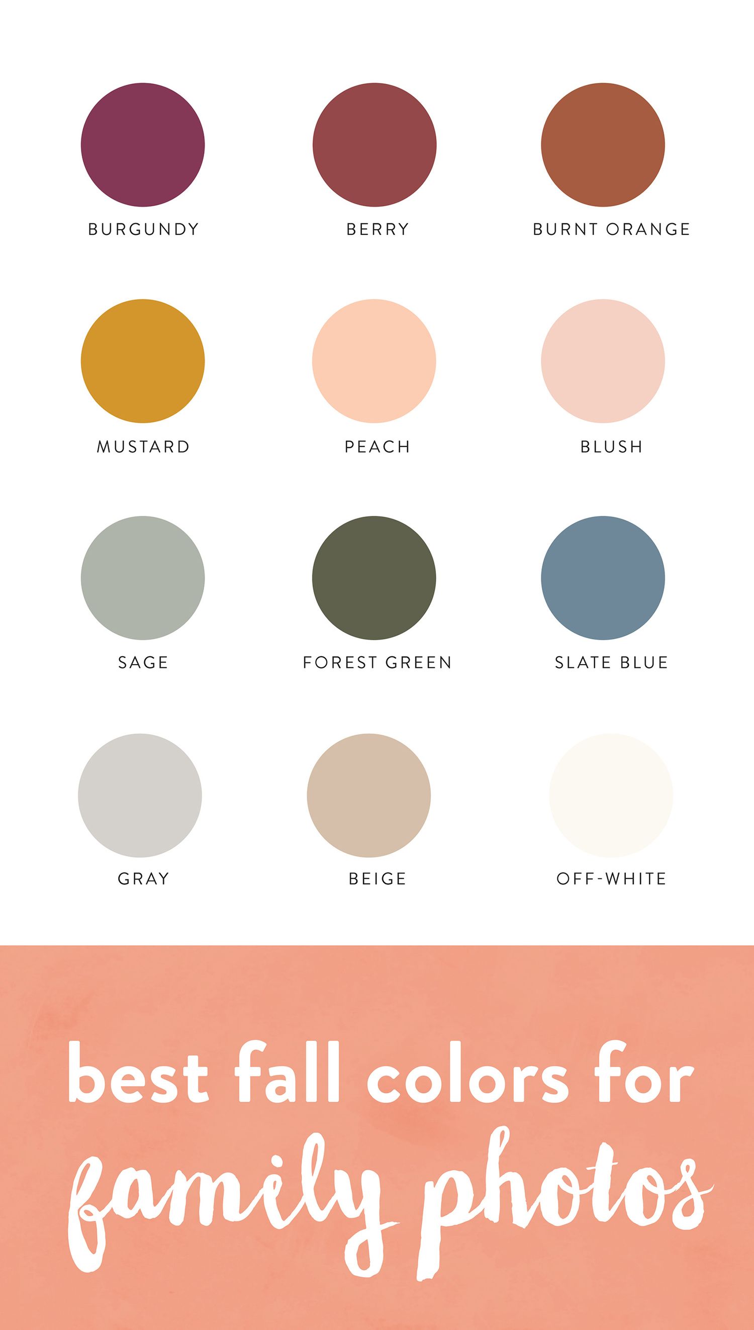 Color swatches showing best fall photography colors including burgundy, mustard, sage and neutral tones.