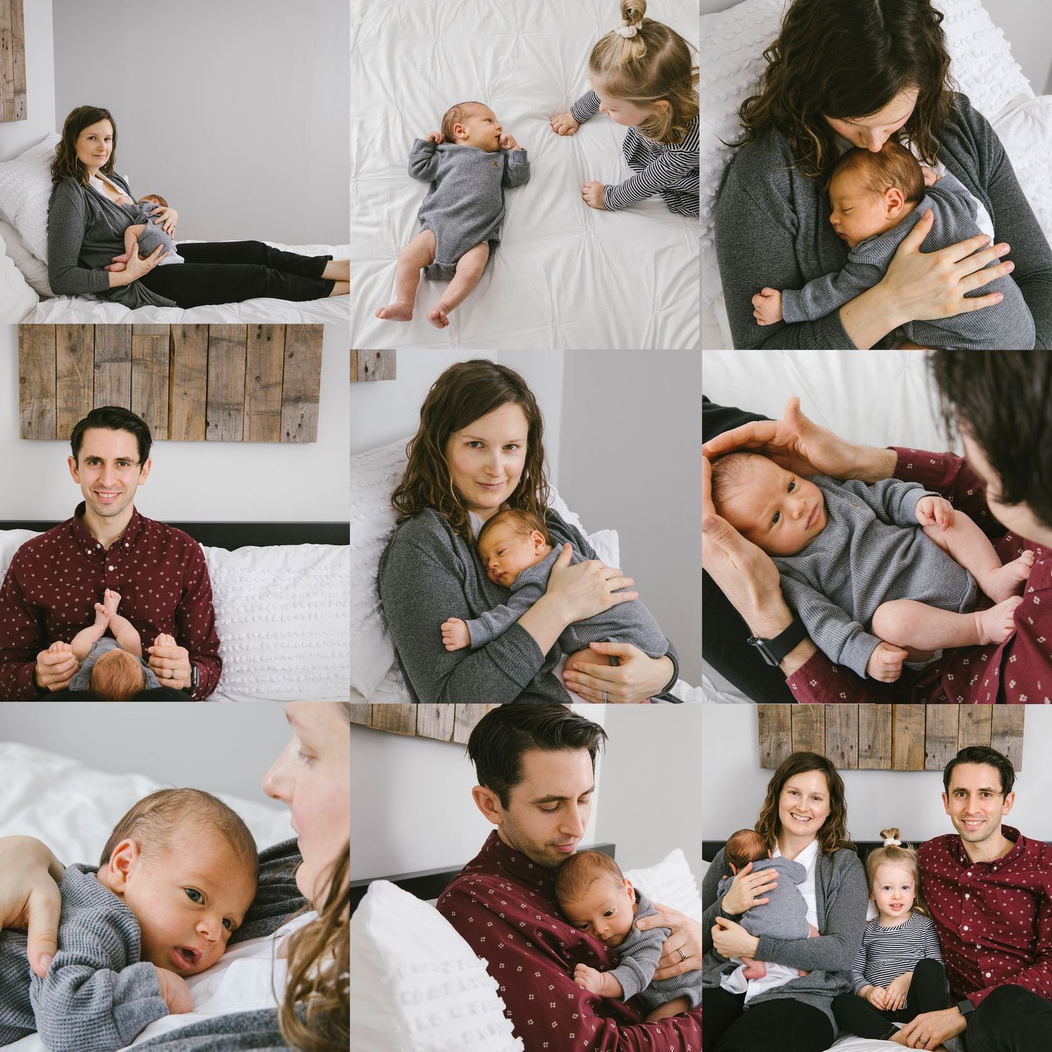 Collage of family moments with parents and baby in various candid poses.