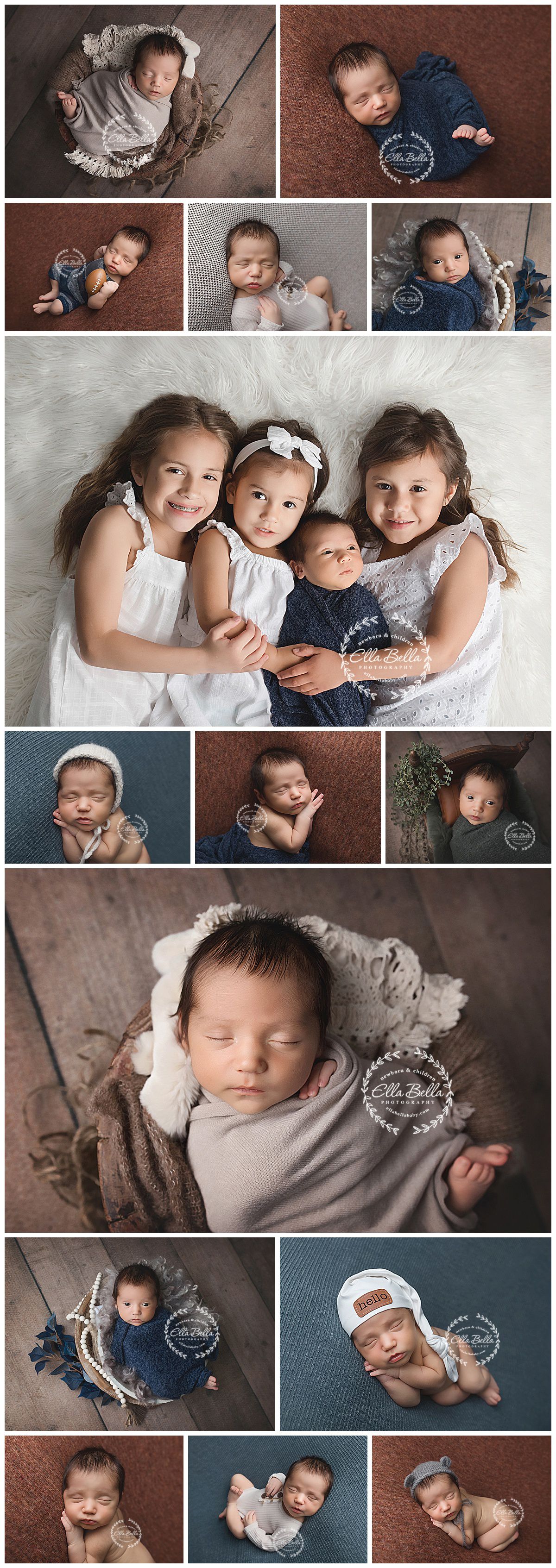 Professional photo collage featuring newborn and sibling portraits in neutral tones.