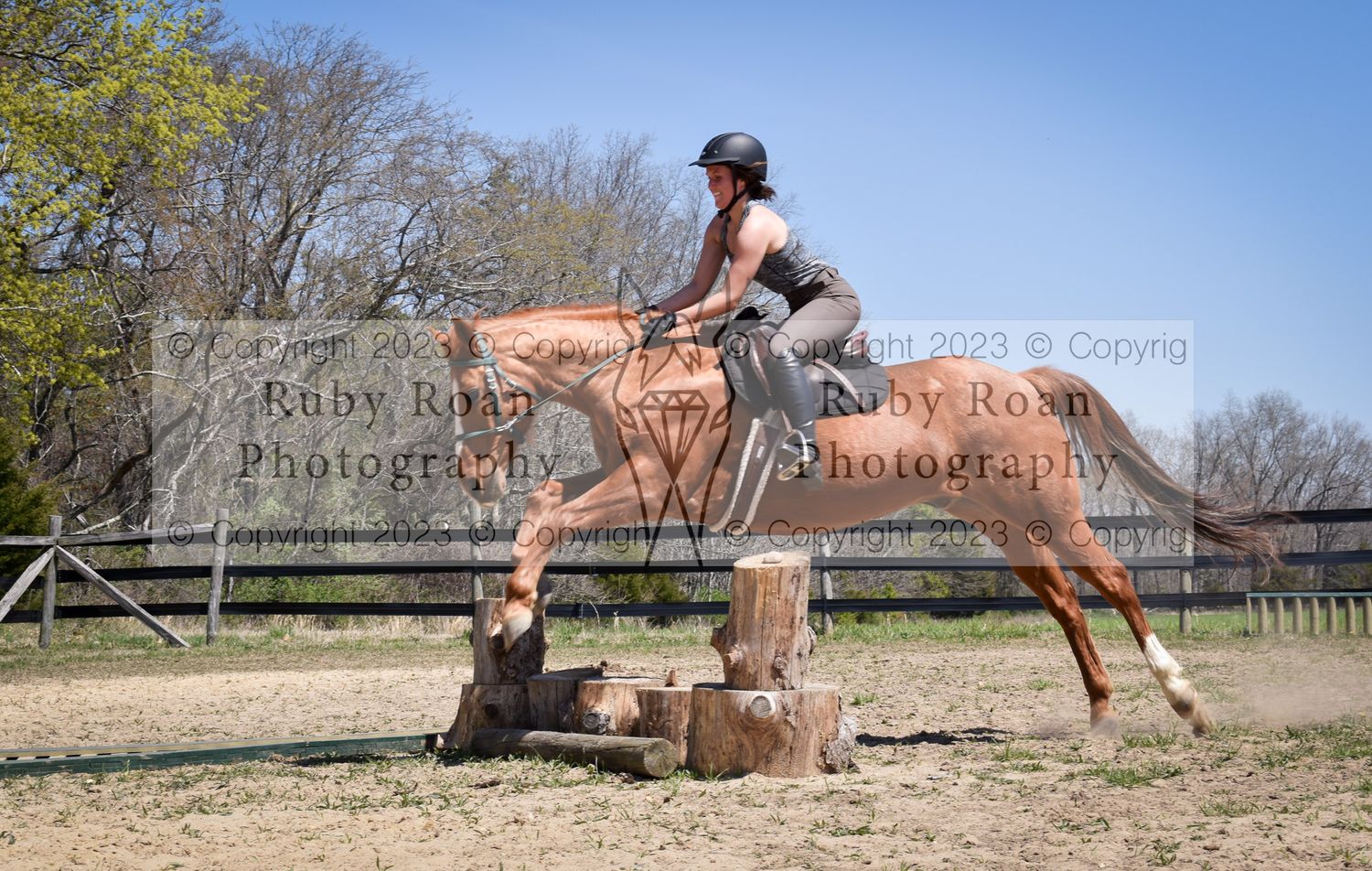 Red horse with rider jumping over logs