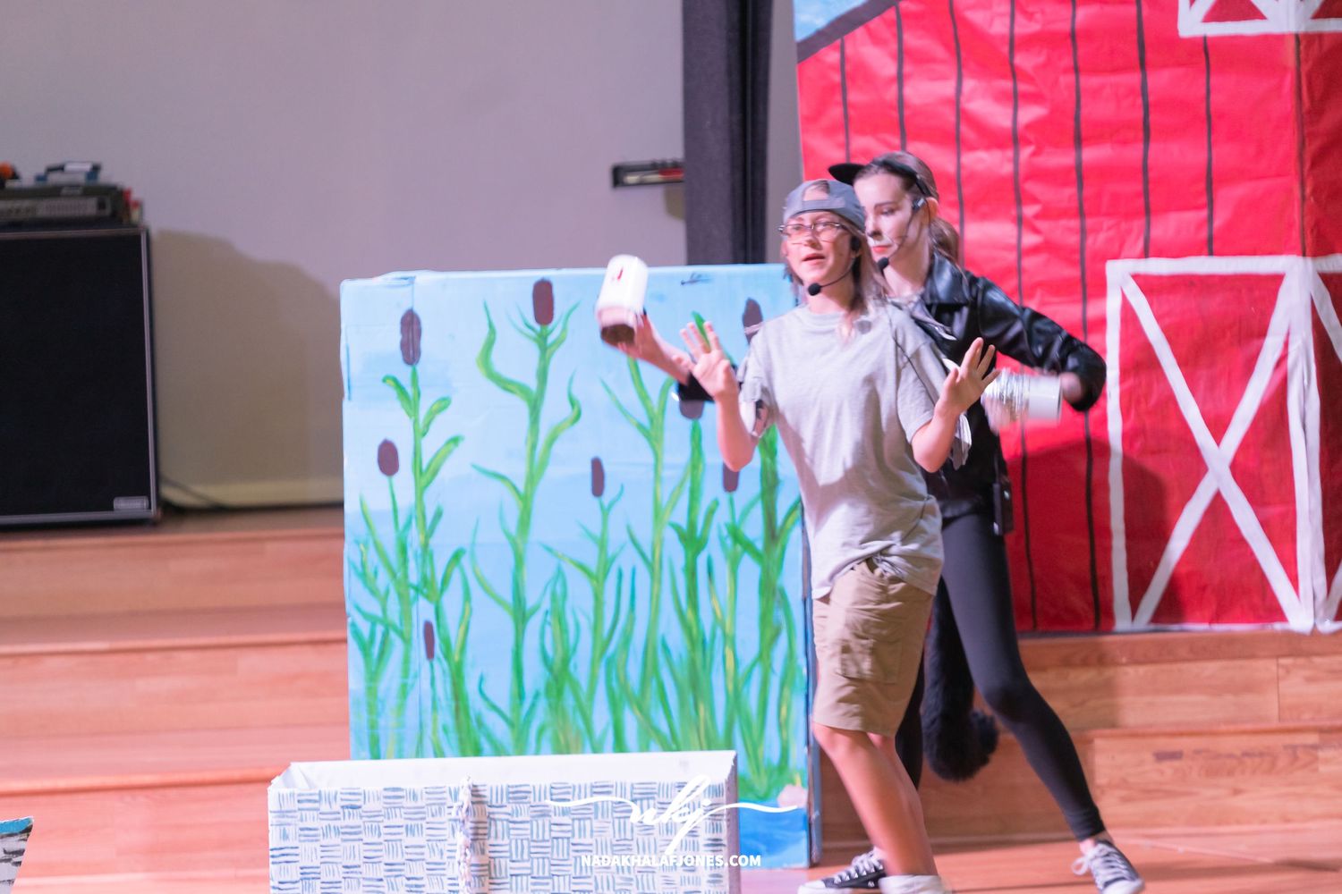Stage performance featuring actors with colorful farm-themed backdrop and set pieces.