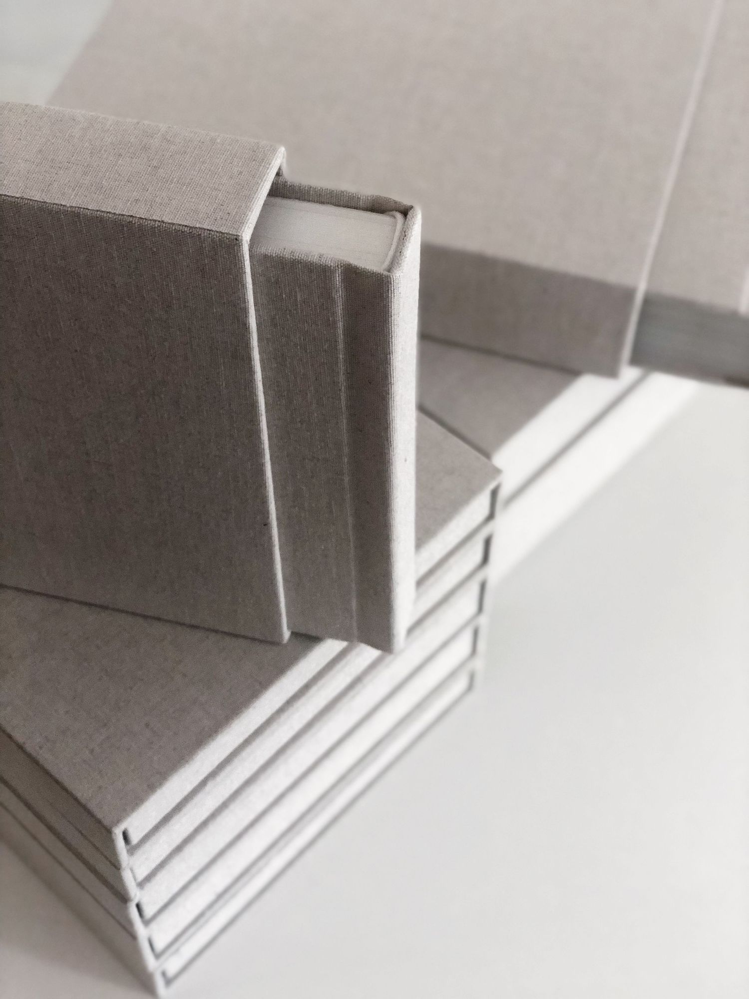 Minimalist gray book spines stacked showing clean modern binding design.
