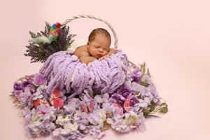 Newborn baby sleeping peacefully wrapped around flowers during a studio session.