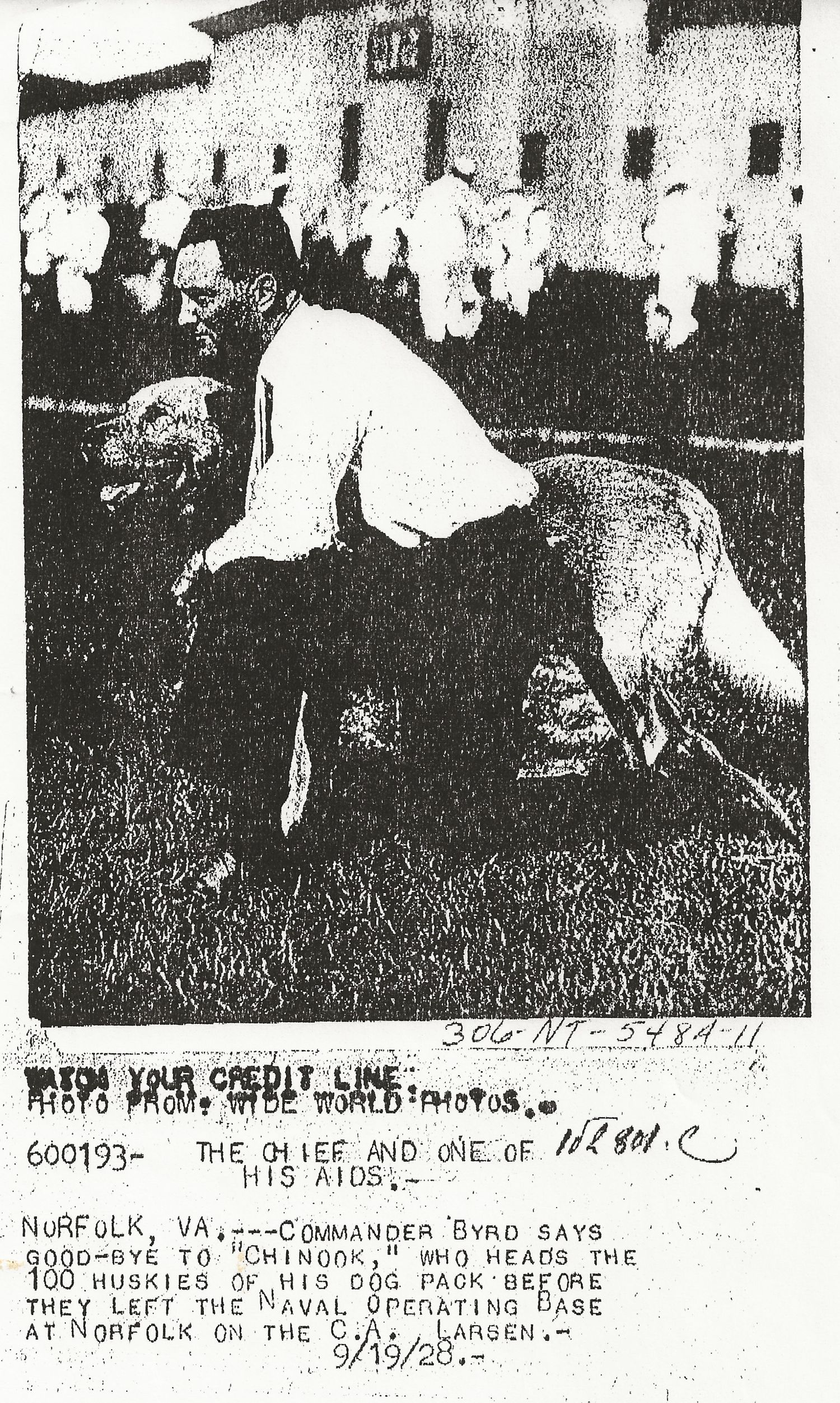 Admiral Richard E. Byrd with lead BAE 1 Expedition Sled Dog Chinook.