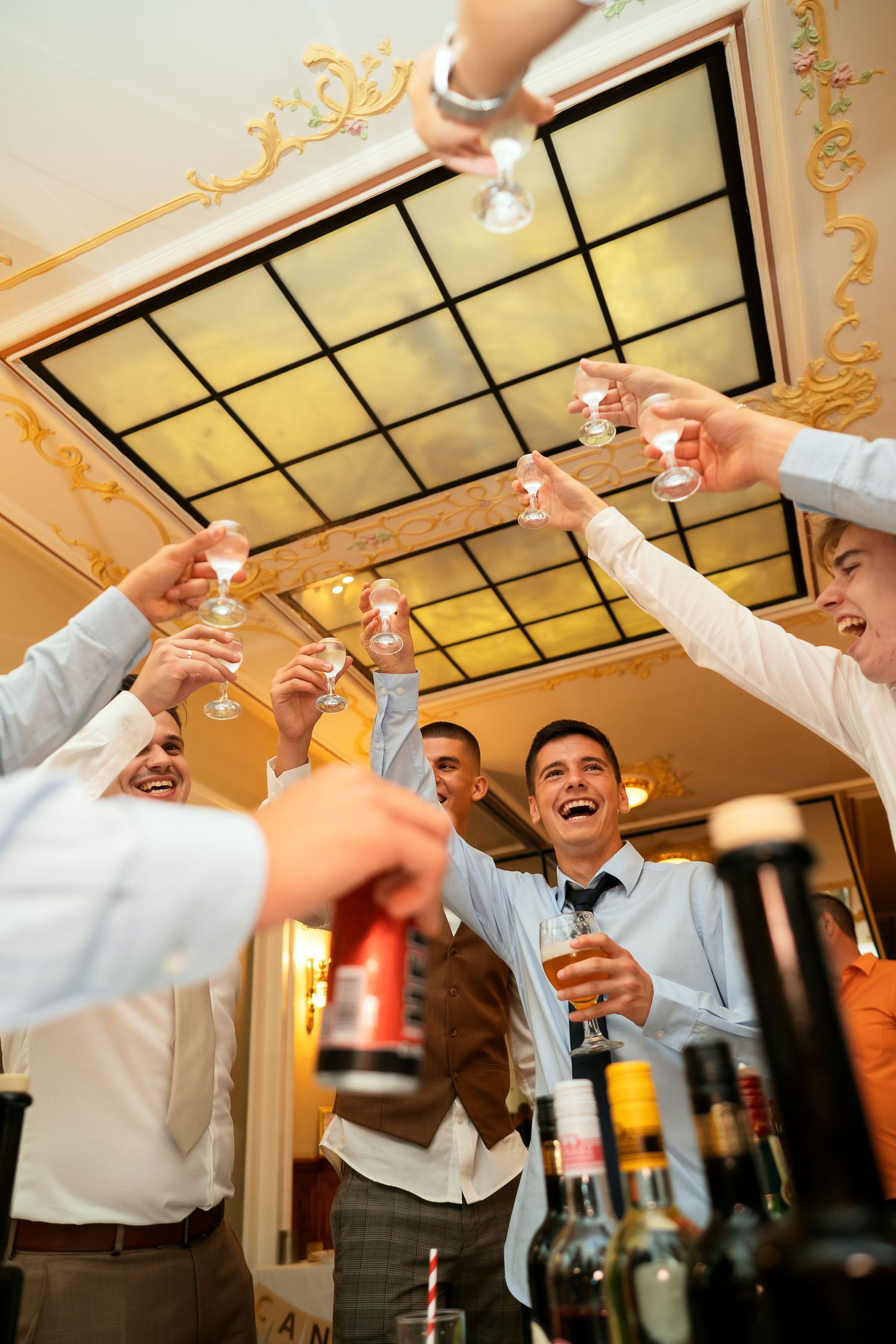 Group toasting with drinks at a celebration under an ornate ceiling.