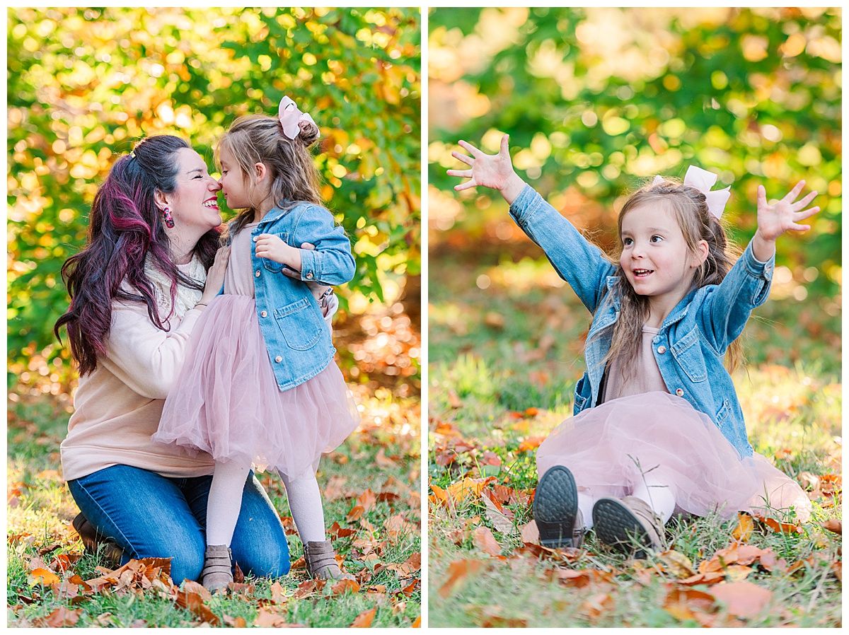 Family photography of young girl throwing fall leaves and cuddling with mom by Indianapolis Photographer Holliday Park