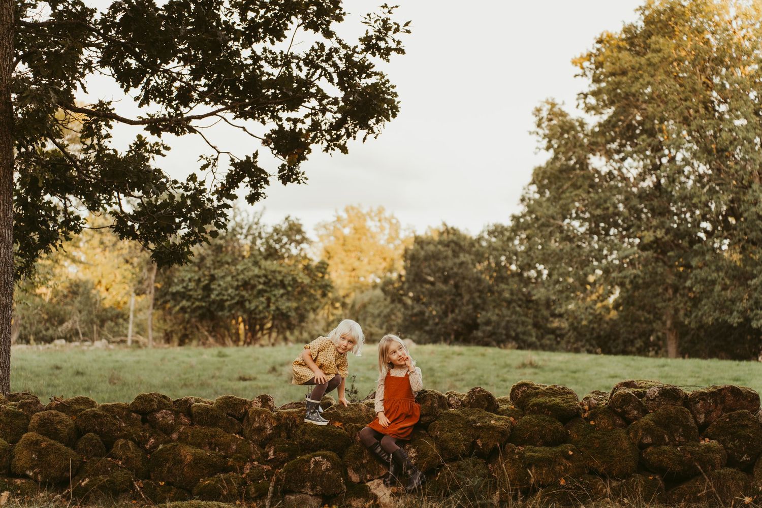 Two people walk along a rustic stone wall in a countryside setting at sunset.