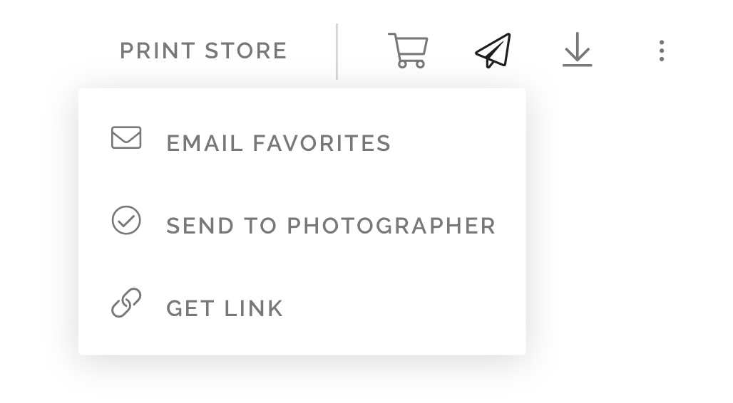 A dropdown menu displaying options for Print Store including Email Favorites, Send to Photographer, and Get Link.