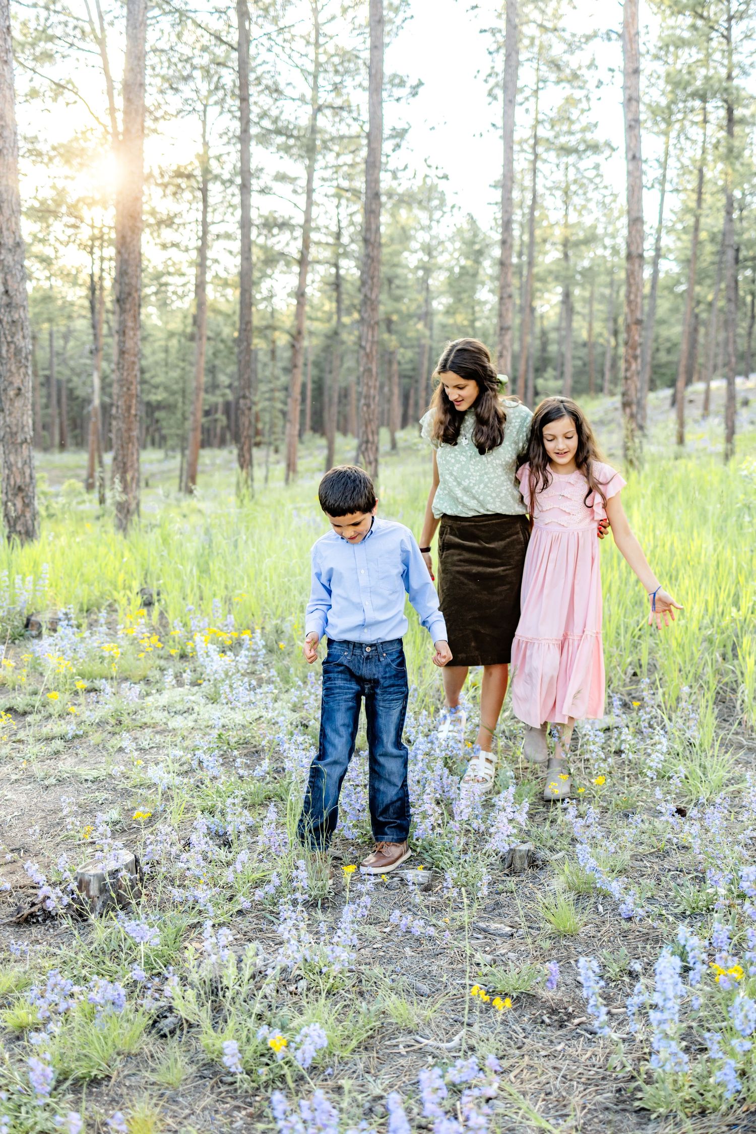 Three siblings explore the wildflowers together during their family session in Colorado Springs.