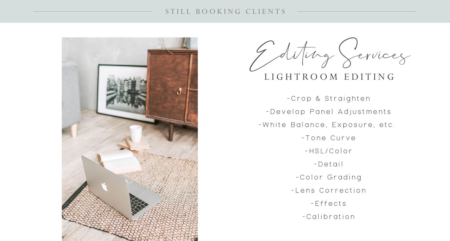 Photography business pricing guide showing editing services and laptop on beige carpet.