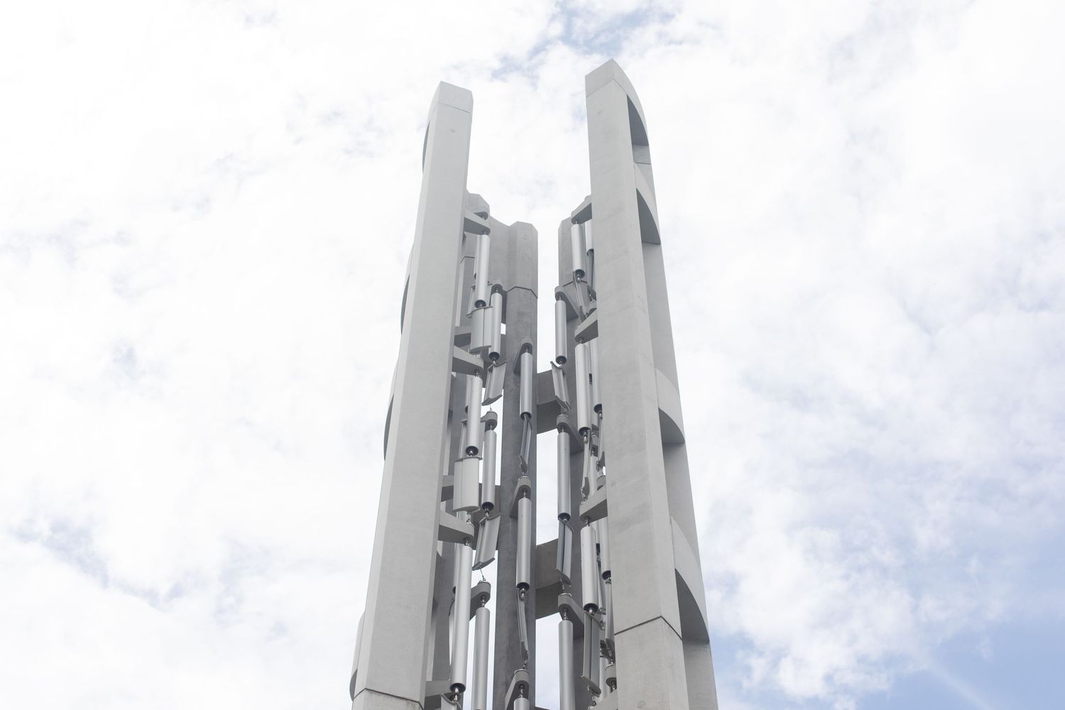 Close-up view of the architectural details of the Tower of Voices memorial structure.