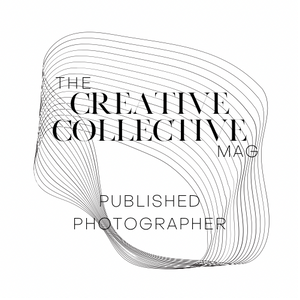 The Creative Collective Mag Published Photographer badge with geometric line art design on white background.