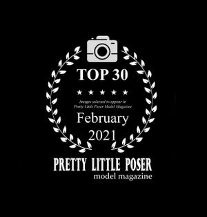 Pretty Little Poser Model Magazine Top 30 February 2021 award badge on black background.