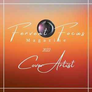 Fervent Focus Magazine 2022 Cover Artist award graphic with camera lens logo on orange background.