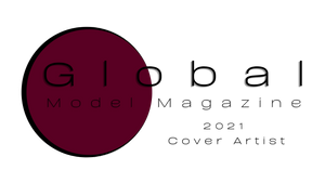 Global Model Magazine 2021 Cover Artist badge featuring a bold dark burgundy circle logo.