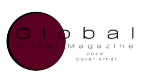 Global Model Magazine 2022 Cover Artist badge with dark burgundy circle design.