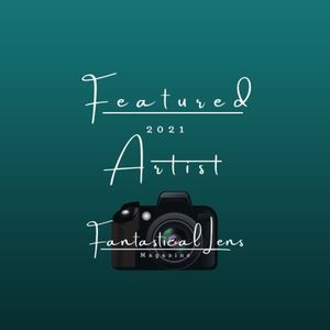 Featured Artist 2021 Fantastical Lens Magazine badge with camera on teal background.