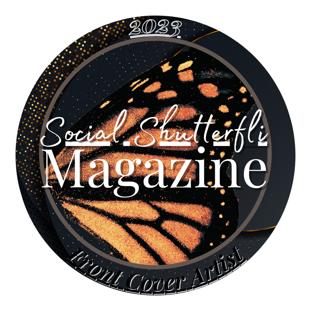 Social Shutterfly Magazine 2023 Front Cover Artist badge featuring vibrant monarch butterfly wing design.