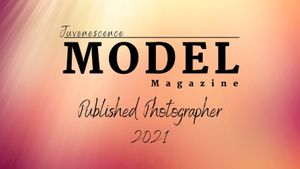 Juvenescence Model Magazine Published Photographer 2021 text on colorful gradient background.
