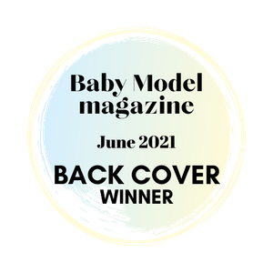 Baby Model Magazine June 2021 Back Cover Winner badge with pastel watercolor circle design.