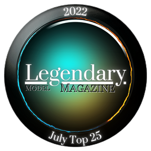 Legendary Model Magazine 2022 July Top 25 award badge with teal and gold circular design.