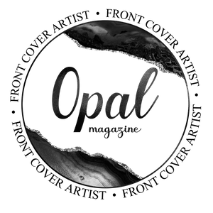 Opal Magazine Front Cover Artist circular stamp logo in black and white with marble texture.