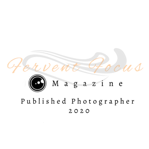 Fervent Focus Magazine Published Photographer 2020 logo with camera lens icon.