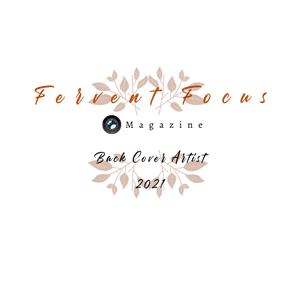 Fervent Focus Magazine Back Cover Artist 2021 achievement badge with floral design on white background.