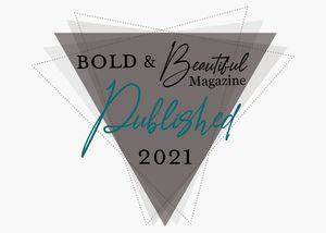Bold and Beautiful Magazine Published 2021 achievement badge with triangle geometric design.