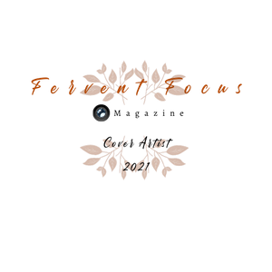 Fervent Focus Magazine Cover Artist 2021 badge with elegant floral leaf decorations.