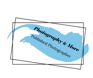 Photography and More Published Photographer logo with blue watercolor brushstroke design.