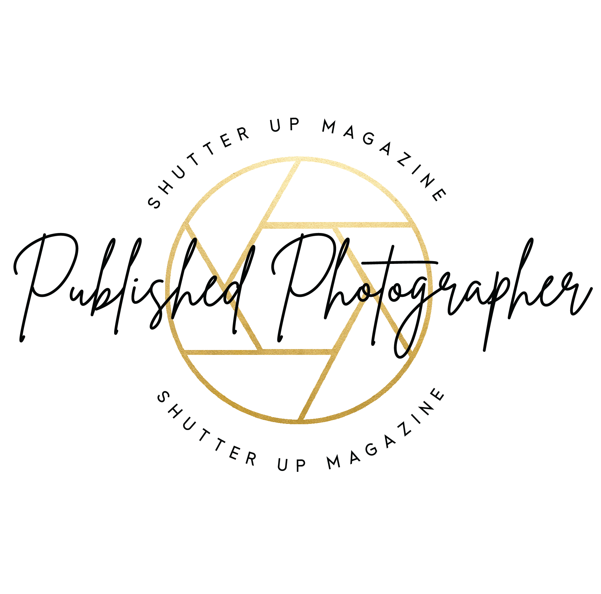Shutter Up Magazine Published Photographer gold camera aperture logo in elegant script.