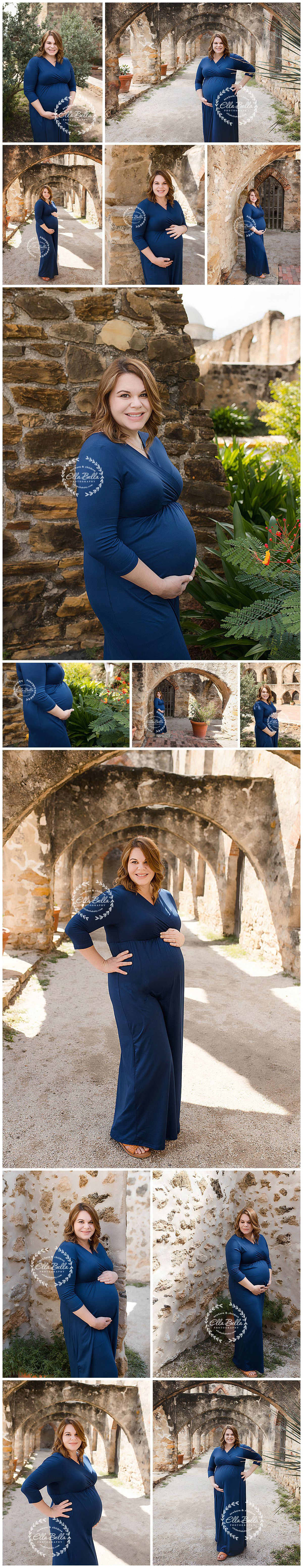 Maternity photo session featuring woman in navy dress at historic stone archways.