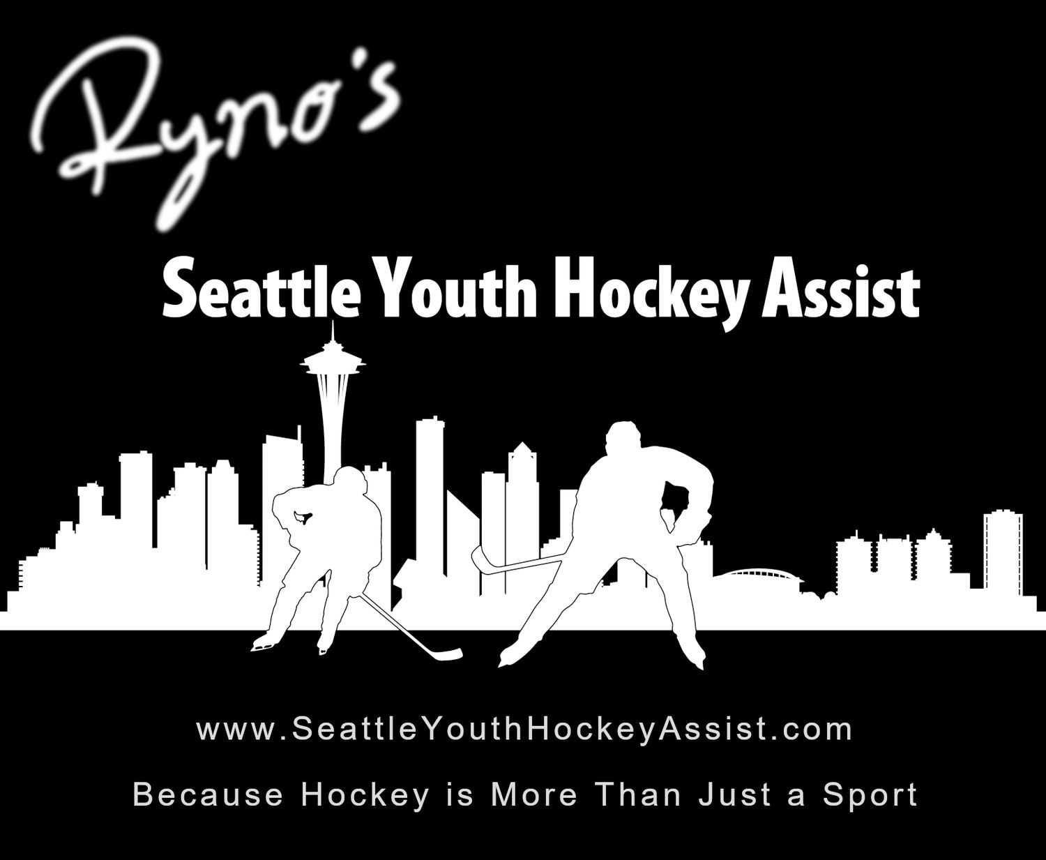 Seattle skyline silhouette with hockey players and text for Seattle Youth Hockey Assist program.
