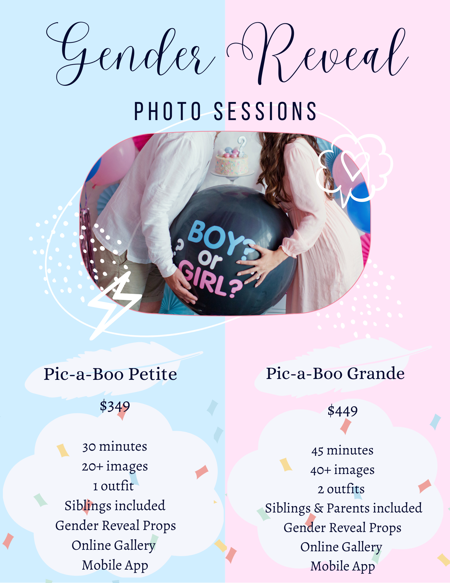 Gender reveal photo session pricing guide with blue and pink design elements.