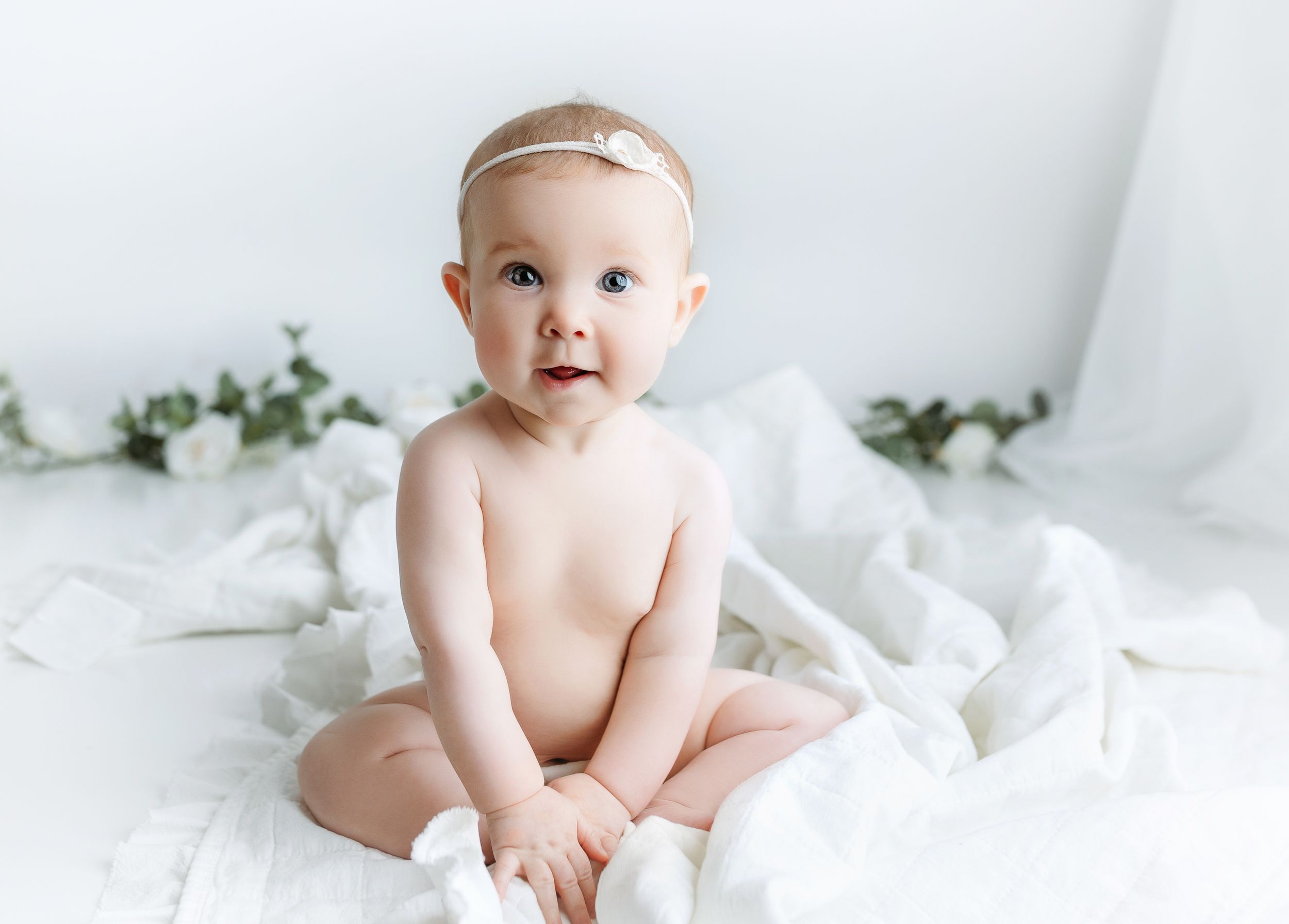 Milestone session with little girl sitting and smiling. Greenville, SC newborn photographer, Easley, SC Newborn photographer