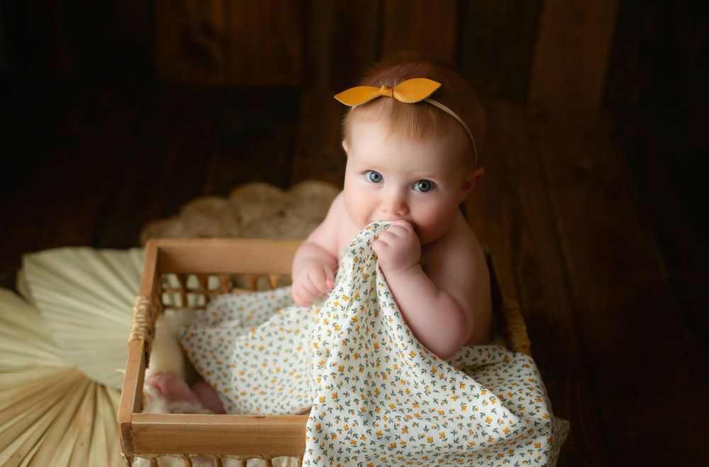 A milestone session with a litt girl looking up to the camera and a blanket in her hands. Greenville, SC newborn photographer, Easley, SC Ne