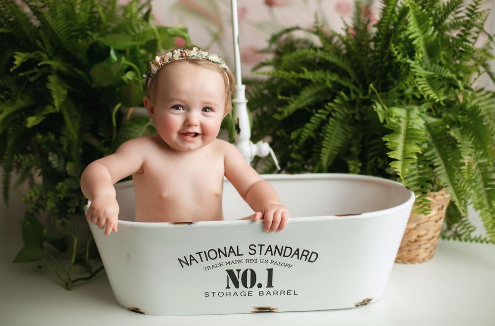 A milestone session with a little girl in a wash pan. Greenville, SC newborn photographer, Easley, SC Newborn photographer